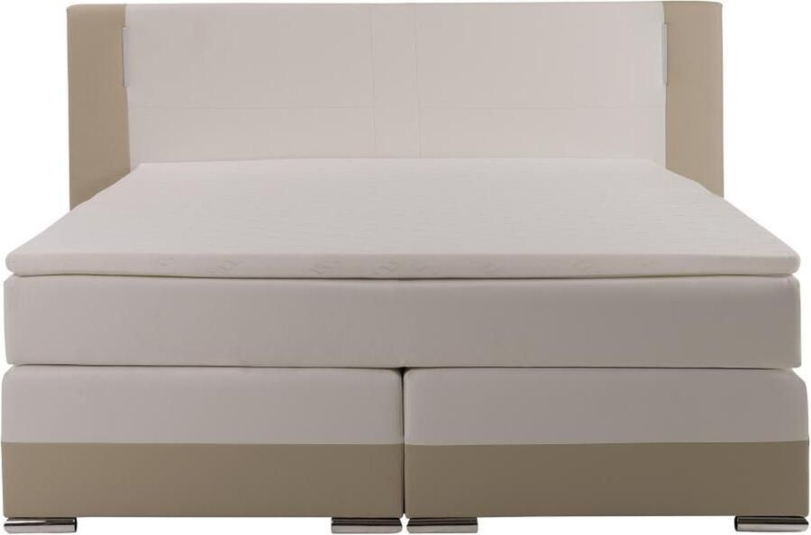 Vente-unique [NEW VERSION]Set boxspring hoofdbord met led-verlichting + bedbodems + matras + topmatras ASTI van YSMÉE 180 x 200 cm Kunstleer Crème en wit L 233 cm x H 120 cm x D 219 cm