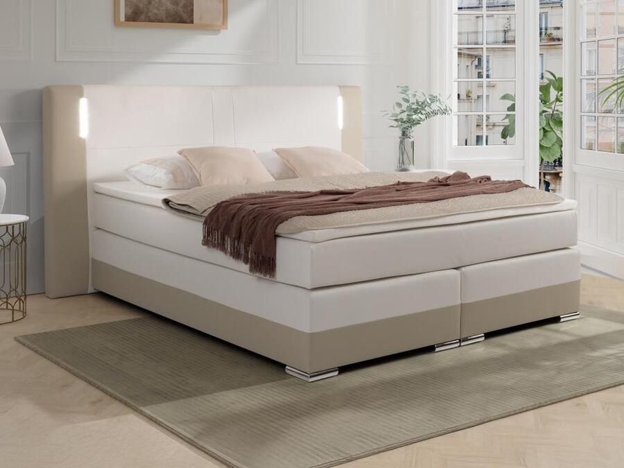 Vente-unique [NEW VERSION]Set boxspring hoofdbord met led-verlichting + bedbodems + matras + topmatras ASTI van YSMÉE 180 x 200 cm Kunstleer Crème en wit L 233 cm x H 120 cm x D 219 cm - Foto 3