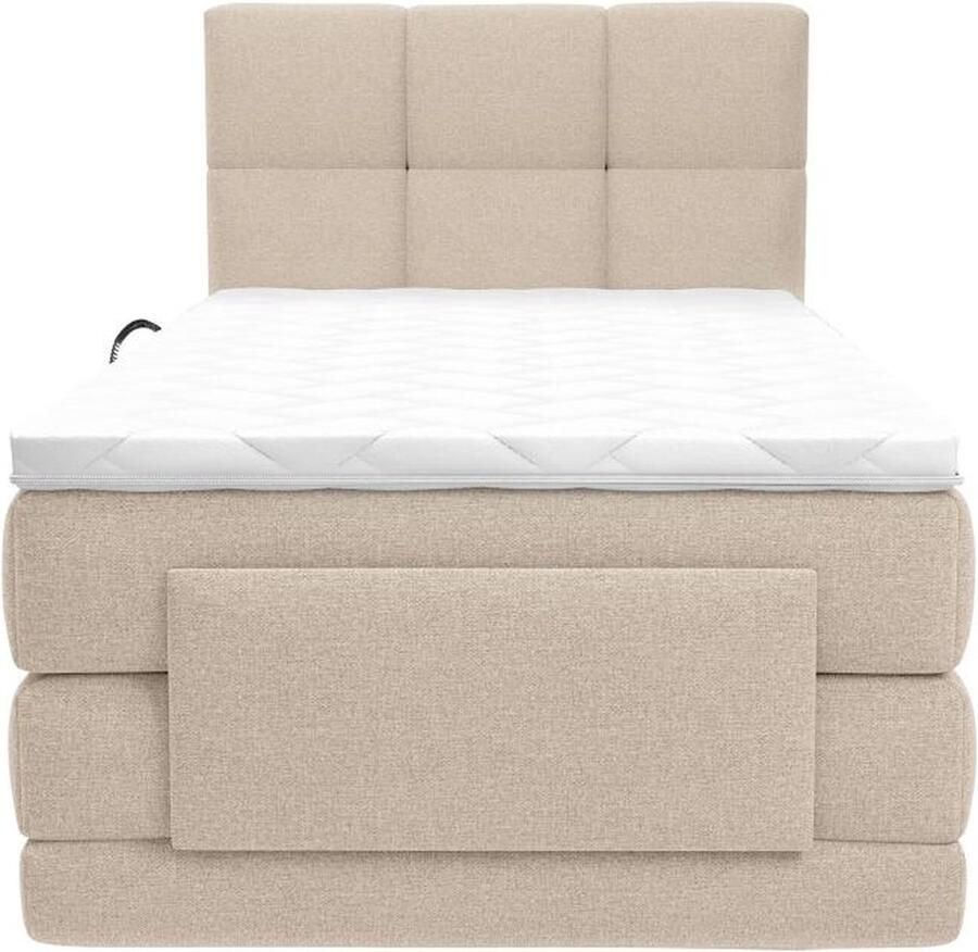 Vente-unique Complete boxspringset met gestoffeerd hoofdbord – Elektrisch verstelbare relaxbedbodems – Met matras – Met topmatras – 100 x 200 cm – Stoffen bekleding – Beige – LODI van PALACIO L 215 cm x H 118 cm x D 108 cm
