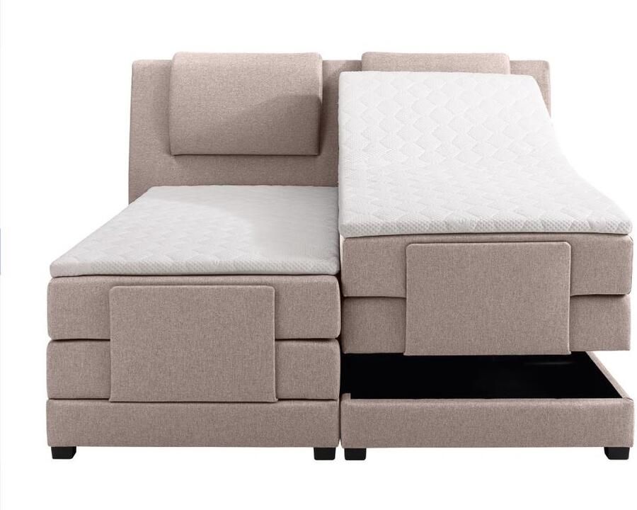 Vente-unique [NEW VERSION]Tweepersoons boxspring met elektrische bedbodem + matras en dekmatras CASTEL PALACIO 2x80x200cm Beige stof L 218 cm x H 125 cm x D 183 cm