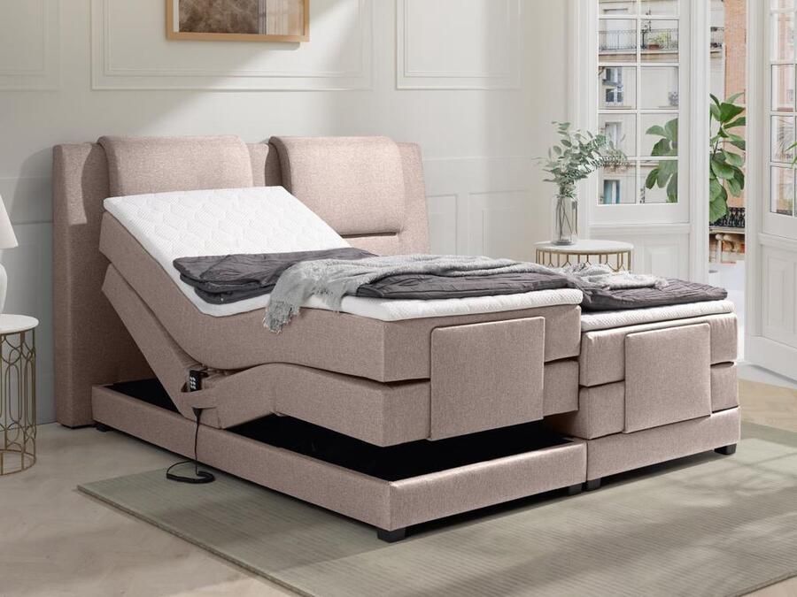 Vente-unique [NEW VERSION]Tweepersoons boxspring met elektrische bedbodem + matras en dekmatras CASTEL PALACIO 2x80x200cm Beige stof L 218 cm x H 125 cm x D 183 cm - Foto 2