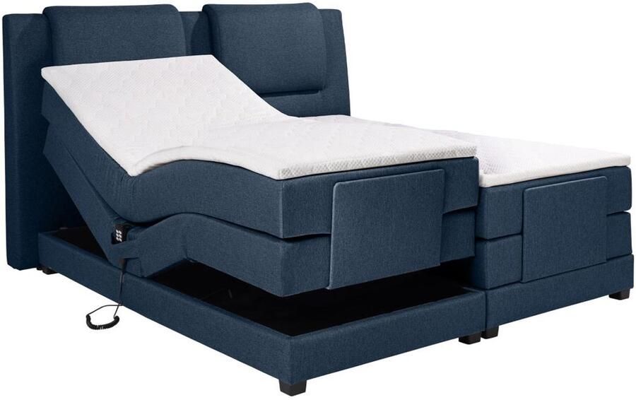Vente-unique [NEW VERSION][NEW VERSION]Tweepersoons boxspring met elektrische bedbodem + matras en dekmatras CASTEL PALACIO 2x80x200cm Blauwe stof L 218 cm x H 125 cm x D 183 cm