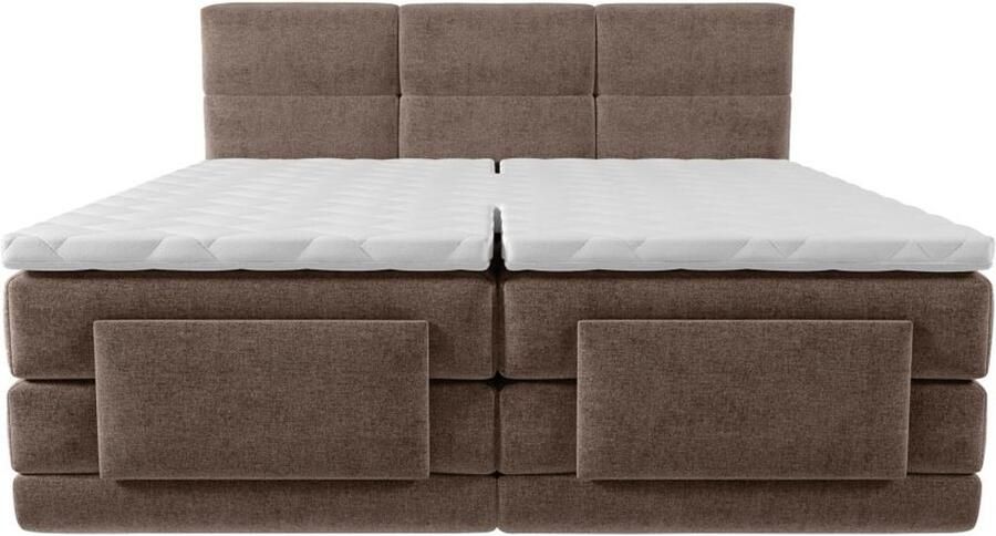 Vente-unique Complete set van boxspring met gecapitonneerd hoofdbord en elektrische relaxbedbodems – Met matras en topmatras – 2 x 90 x 200 cm – Stoffen bekleding – Bruin – LODI van PALACIO L 215 cm x H 118 cm x D 188 cm - Foto 2