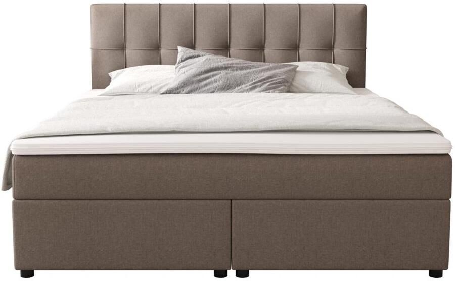 Vente-unique Set boxspring hoofdbord + bedbodems + matras + topmatras SIERO van YSMÉE 180 x 200 cm Stof Grijs L 207 cm x H 102 cm x D 185 cm