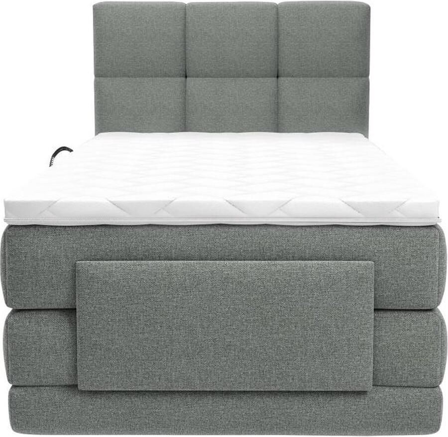 Vente-unique Complete boxspringset met gestoffeerd hoofdbord – Met elektrische relaxbedbodems – Met matras – Met topmatras – 100 x 200 cm – Stoffen bekleding – Lichtgrijs – LODI van PALACIO L 215 cm x H 118 cm x D 108 cm