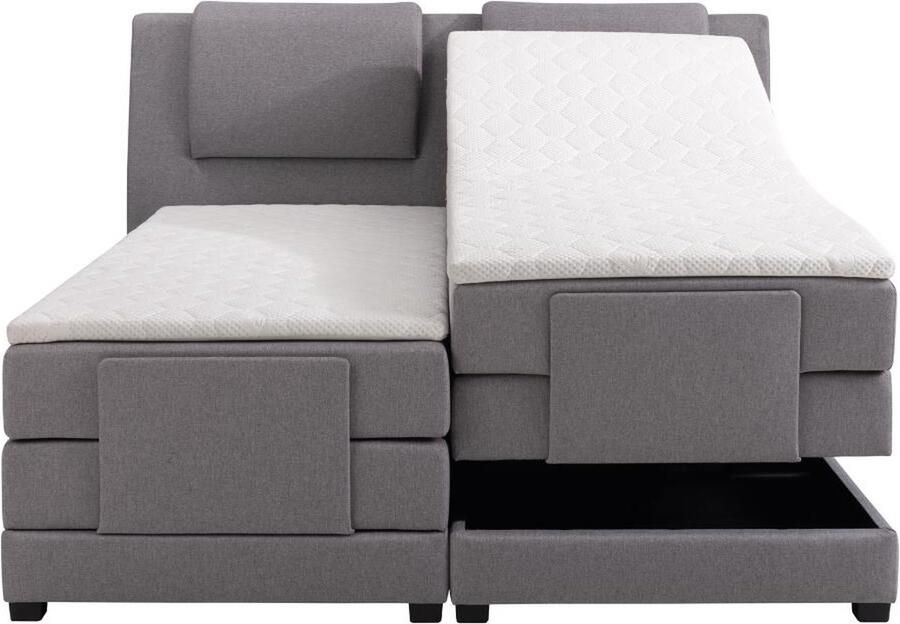 Vente-unique Tweepersoons boxspring met elektrische bedbodem + matras en dekmatras CASTEL PALACIO 2x80x200cm Lichtgrijze stof L 218 cm x H 125 cm x D 183 cm