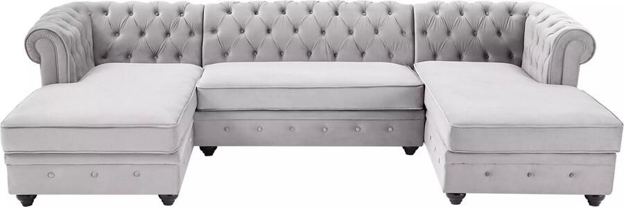 Vente-unique Brede hoekbank van lichtgrijs velours CHESTERFIELD L 290 cm x H 72 cm x D 163 cm - Foto 2