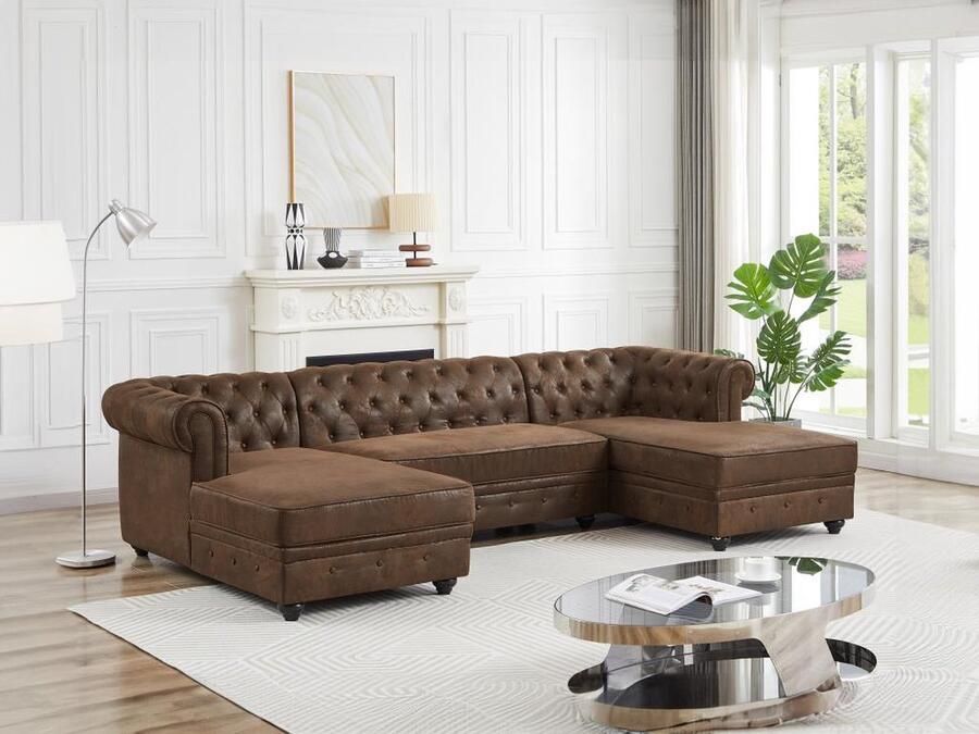 Vente-unique Brede hoekbank van microvezel met verouderd leereffect CHESTERFIELD L 290 cm x H 72 cm x D 163 cm
