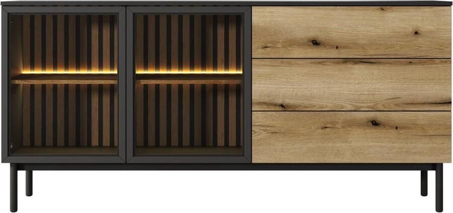 Vente-unique Buffetkast 2 deurtjes en 3 lades met ledverlichting Houtlook en zwart ELYNIA L 179.9 cm x H 84.8 cm x D 39.4 cm