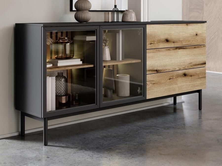 Vente-unique Buffetkast 2 deurtjes en 3 lades met ledverlichting Houtlook en zwart ELYNIA L 179.9 cm x H 84.8 cm x D 39.4 cm - Foto 2