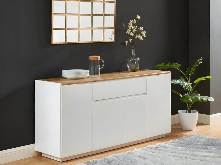 Vente-unique Buffetkast AMANI 4 deuren en 1 lade Witgelakt mdf Kleuren: wit en eiken L 160 cm x H 76 cm x D 40 cm