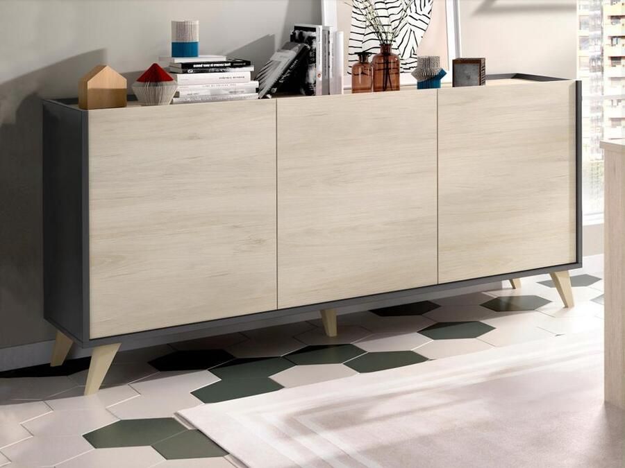 Vente-unique Buffetkast KOLYMA 3 deuren eiken en antraciet L 155 cm x H 75 cm x D 43 cm