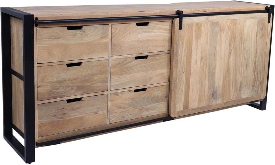 Vente-unique Buffetkast met 1 deurtje en 6 lades in mangohout en metaal Naturel en zwart HARLEM II L 187 cm x H 80 cm x D 44 cm - Foto 2