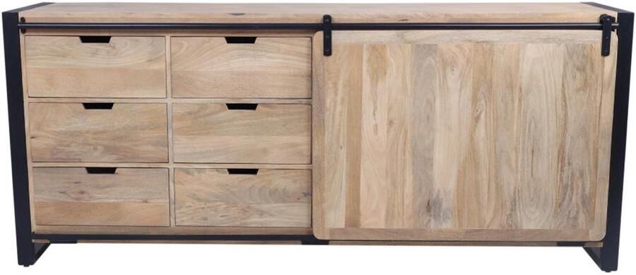 Vente-unique Buffetkast met 1 deurtje en 6 lades in mangohout en metaal Naturel en zwart HARLEM II L 187 cm x H 80 cm x D 44 cm