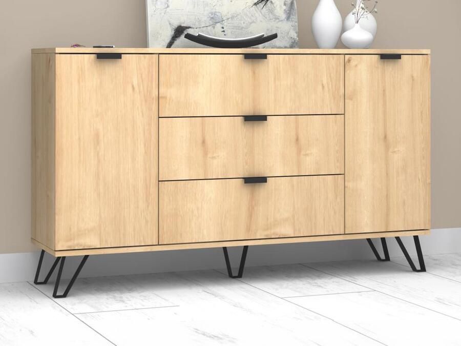 Vente-unique Buffetkast met 2 deuren en 3 lades Naturel en zwart MENODA L 160 cm x H 75 cm x D 45 cm - Foto 2