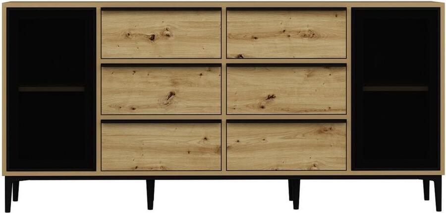 Vente-unique Buffetkast met 2 deuren van gehard glas en 6 lades Naturel en zwart MOLINIA L 180 cm x H 85 cm x D 45 cm
