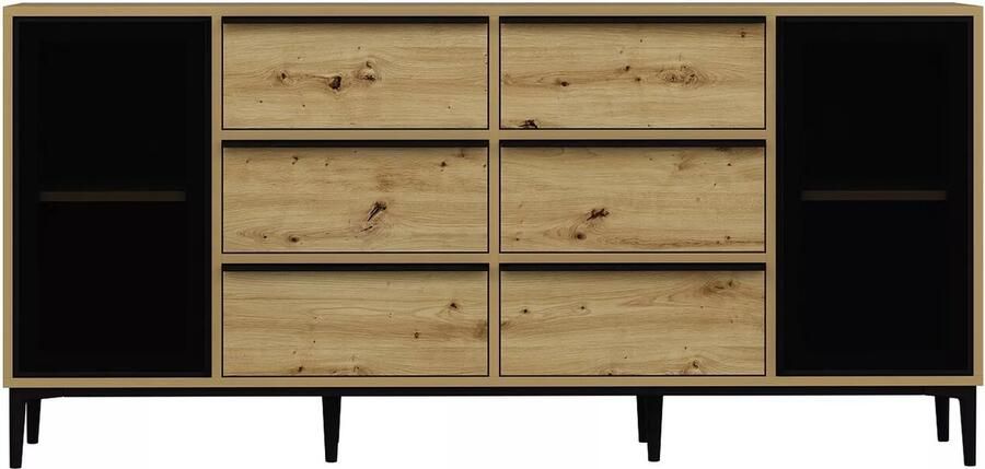 Vente-unique Buffetkast met 2 deuren van gehard glas en 6 lades Naturel en zwart MOLINIA L 180 cm x H 85 cm x D 45 cm