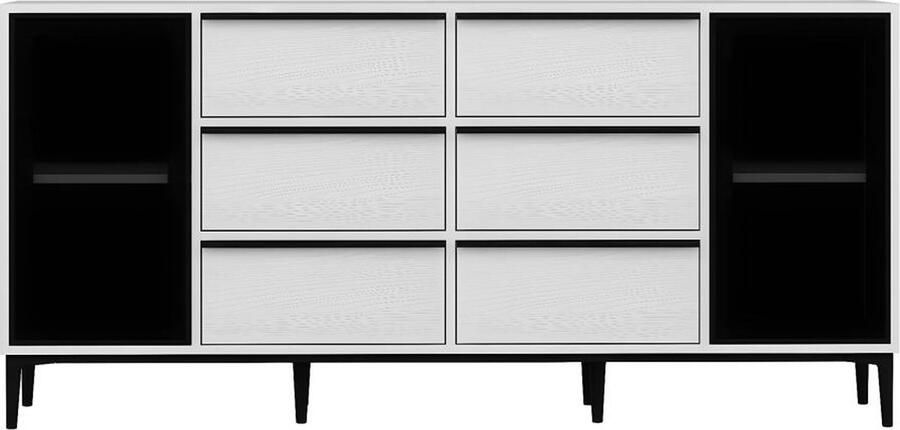 Vente-unique Buffetkast met 2 deuren van gehard glas en 6 lades Wit en zwart MOLINIA L 180 cm x H 85 cm x D 45 cm