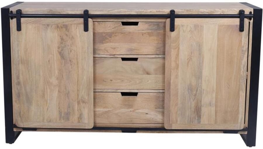 Vente-unique Buffetkast met 2 deurtjes en 3 lades in mangohout en metaal Naturel en zwart HARLEM II L 145 cm x H 80 cm x D 44 cm