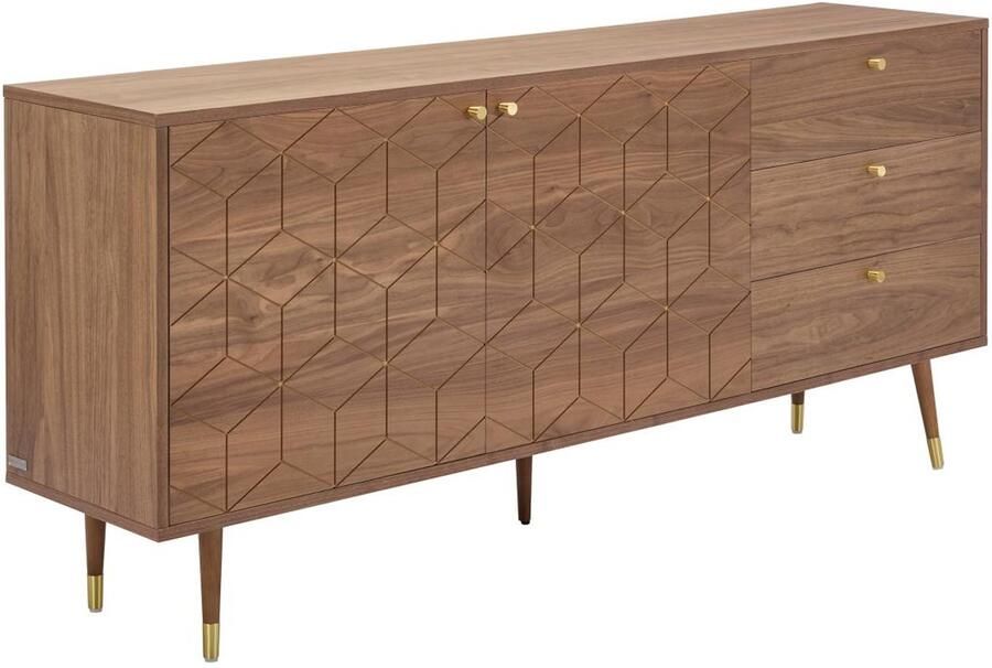 Vente-unique Buffetkast met 2 deurtjes en 3 lades in notelaarfineer Donkere houtlook en goudkleurig PARIOMA L 180 cm x H 79 cm x D 40 cm