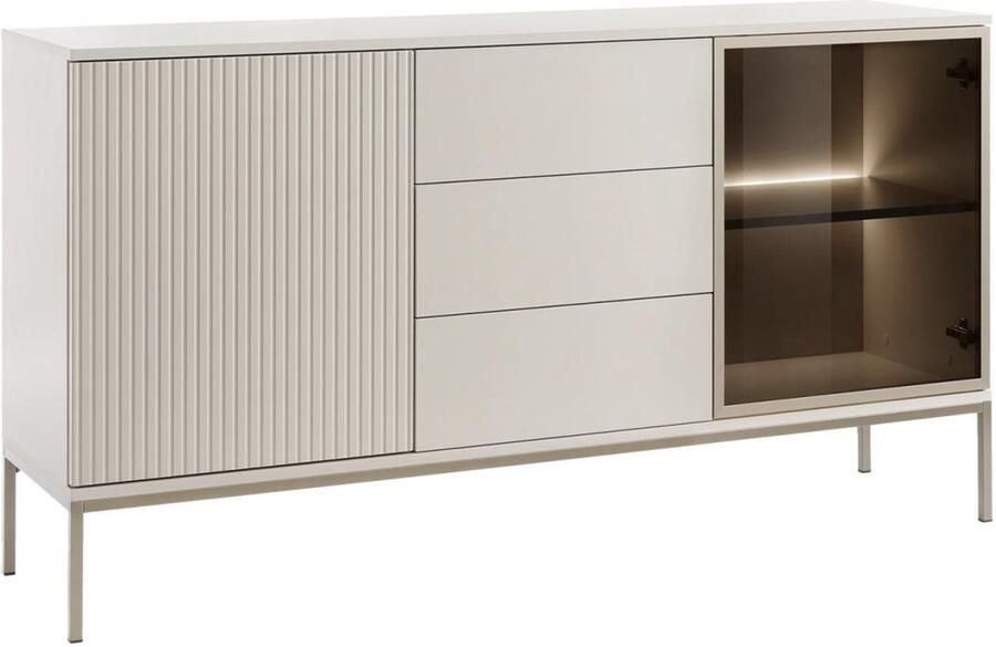 Vente-unique Buffetkast met 2 deurtjes en 3 lades met ledverlichting van mdf en gerookt glas Beige en zwart OVILA L 154 cm x H 83 cm x D 39 cm