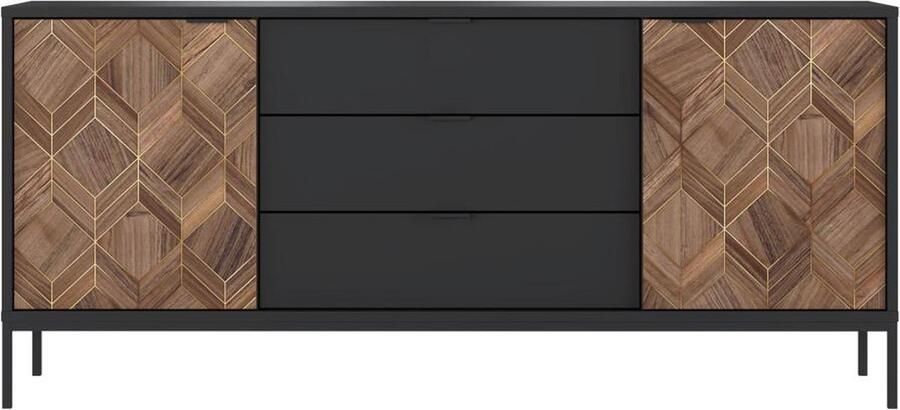 Vente-unique Buffetkast met 2 deurtjes en 3 lades Zwart en donker naturel MIALINE L 185 cm x H 83 cm x D 49 cm - Foto 3