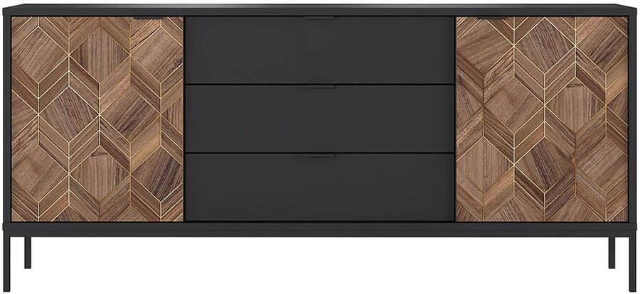 Vente-unique Buffetkast met 2 deurtjes en 3 lades Zwart en donker naturel MIALINE L 185 cm x H 83 cm x D 49 cm - Foto 2