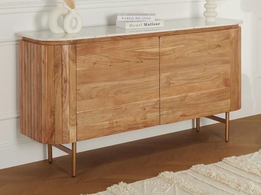 Vente-unique Buffetkast met 2 deurtjes in acaciahout en marmer Houtlook en wit BIRUNA van Maison Céphy L 150 cm x H 80 cm x D 40 cm