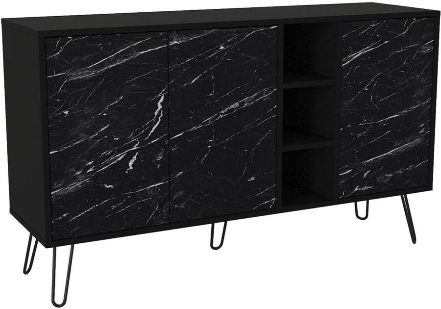 Vente-unique Buffetkast met 3 deurtjes en 3 nissen Zwarte marmerlook POMONA
