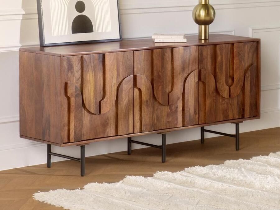 Vente-unique Buffetkast met 3 deurtjes in mangohout en zwart metaal Naturel MIZORAM van Maison Céphy L 160 cm x H 75 cm x D 45 cm