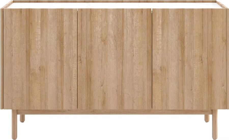 Vente-unique Buffetkast met 3 deurtjes Licht naturel en wit marmereffect SITOLI L 144 cm x H 83 cm x D 37 cm