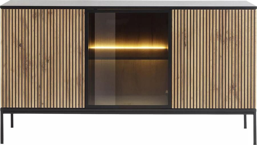Vente-unique Buffetkast met 3 deurtjes met ledverlichting van mdf en gerookt glas Zwart en naturel OVILA L 153.4 cm x H 83.2 cm x D 39 cm - Foto 2