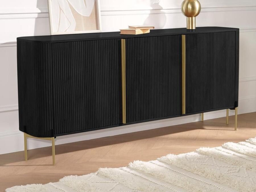 Vente-unique Buffetkast met 3 deurtjes van mangohout en metaal Zwart en goudkleurig BALIMELA L 175.7 cm x H 80 cm x D 40.1 cm