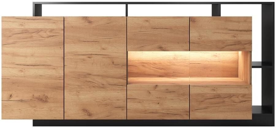 Vente-unique Buffetkast met 4 deuren en 4 nissen met ledverlichting Licht naturel en antraciet IDESIA L 200 cm x H 92.8 cm x D 43.6 cm - Foto 2