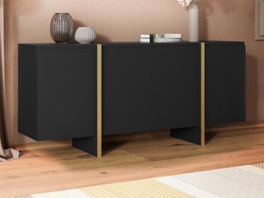 Vente-unique Buffetkast met 4 deuren van mdf Zwart en goudkleurig LUVONIA L 180 cm x H 81 cm x D 45 cm