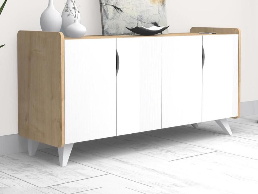 Vente-unique Buffetkast met 4 deuren Wit en naturel AYSANA L 140 cm x H 72 cm x D 45 cm