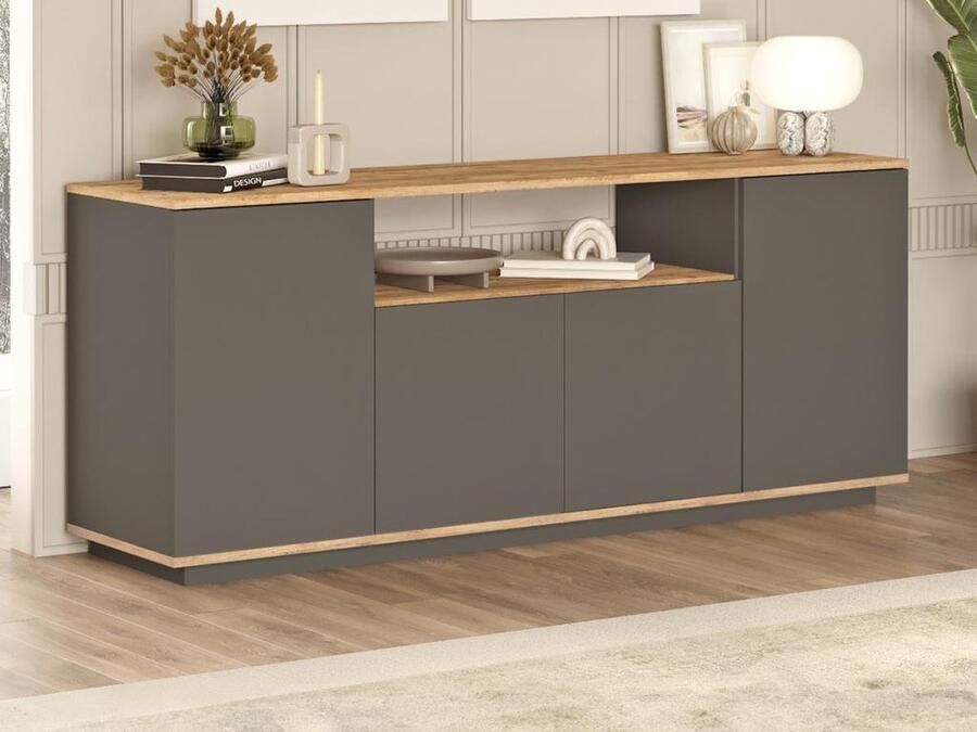 Vente-unique Buffetkast met 4 deurtjes en 1 plank Antraciet en naturel LOTULA L 180 cm x H 75 cm x D 44.5 cm