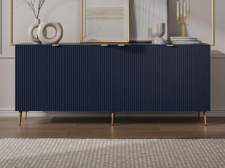 Vente-unique Buffetkast met 4 deurtjes van mdf en staal Blauw en goudkleurig YESINIA L 190 cm x H 80 cm x D 45 cm - Foto 2