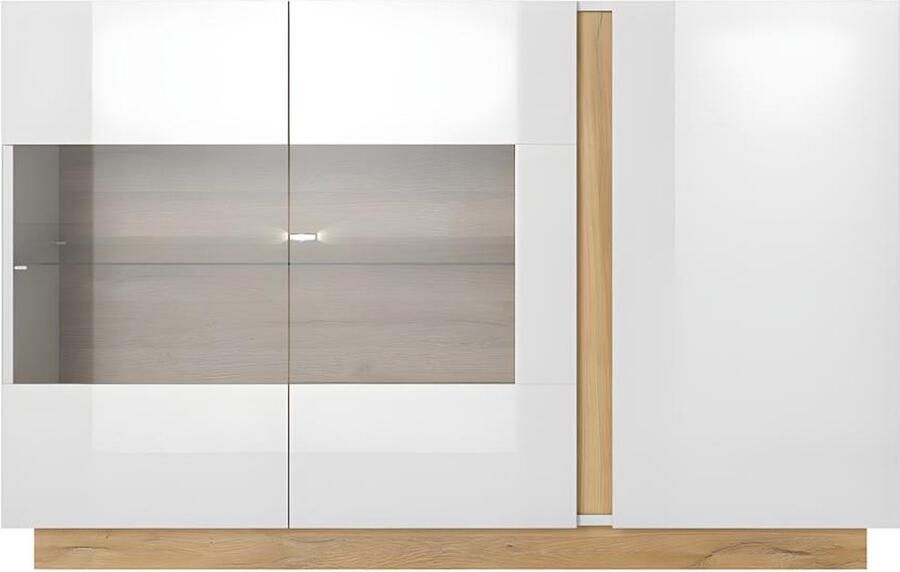 Vente-unique Buffetkast MURARI 3 deuren met ledverlichting Hoogglans wit en eiken L 138.2 cm x H 90.5 cm x D 40 cm - Foto 2