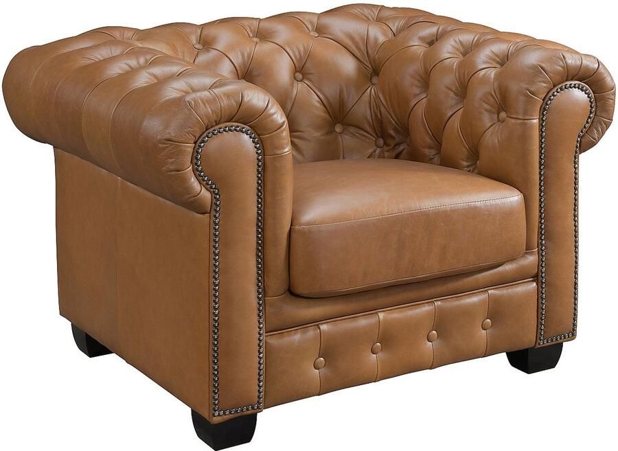 Vente-unique Chesterfield zitbank 3 + 1 plaatsen BRENTON 100% buffelleer Vintage caramel L 201 cm x H 73 cm x D 96 cm - Foto 3