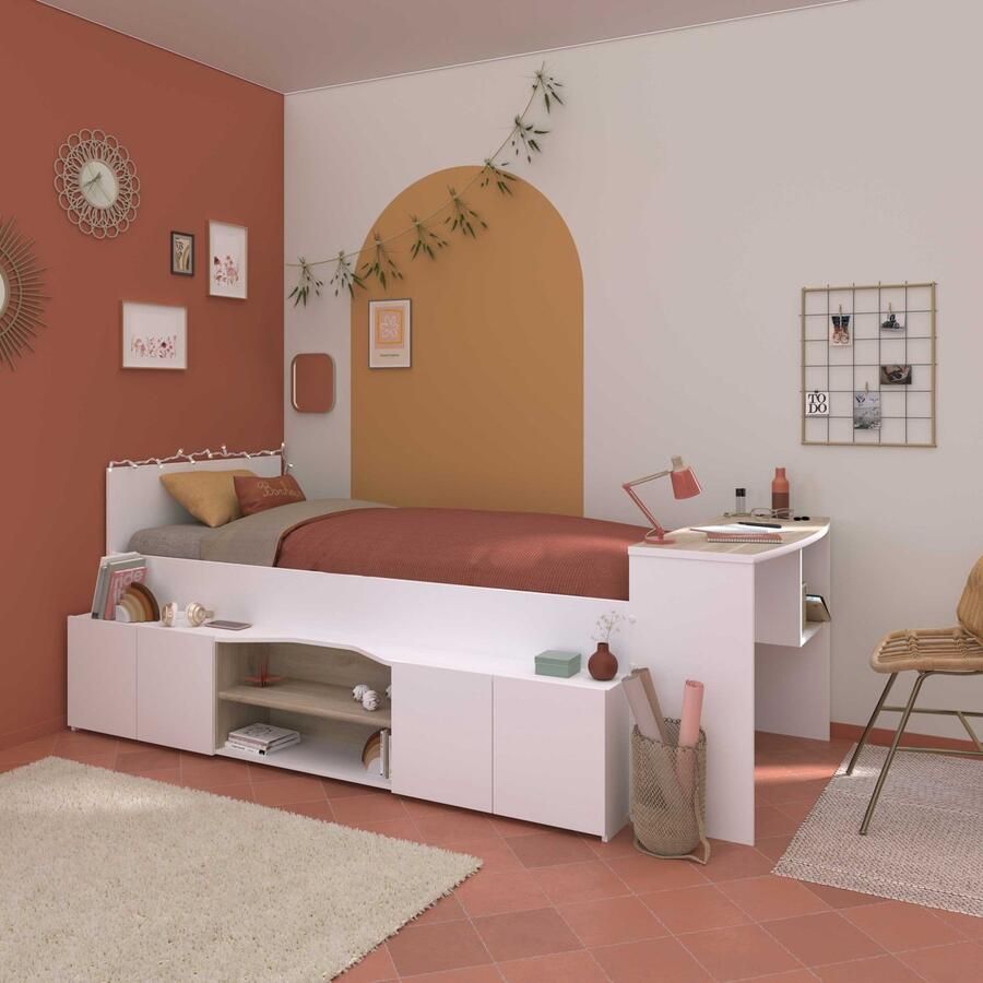 Vente-unique Combinatiebed 90 x 190 200 cm met bureau en opbergruimte Wit en houtlook JOCHIANE L 115.9 cm x H 90 cm x D 240.6 cm