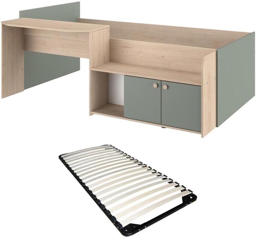 Vente-unique Gecombineerd bed 90 x 190 200 cm naturel en groen + bedbodem MIVONA L 136 cm x H 75.2 cm x D 203 cm