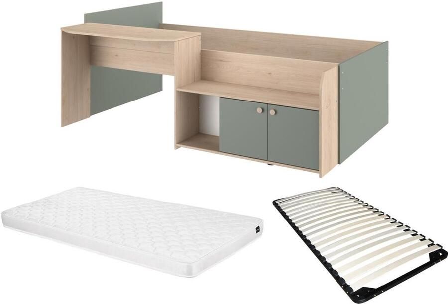 Vente-unique Gecombineerd bed 90 x 190 200 cm naturel en groen + bedbodem + matras MIVONA L 136 cm x H 75.2 cm x D 203 cm
