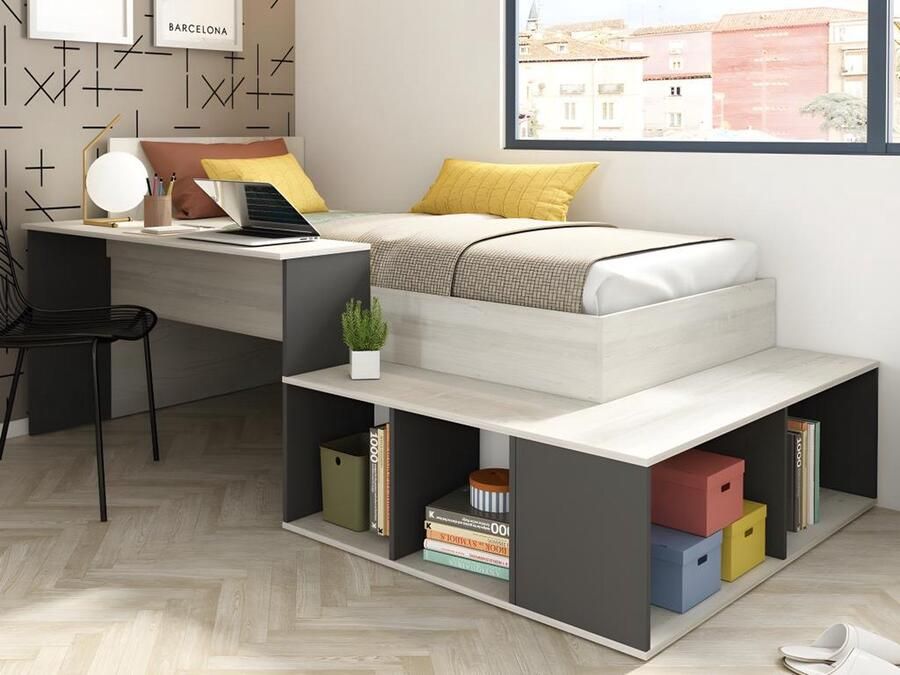 Vente-unique Hoogslaper 90 x 200 cm met opbergruimte en bureau naturel en antraciet + bedbodem + matras RIGALI L 233.2 cm x H 100.5 cm x D 128.8 cm - Foto 2