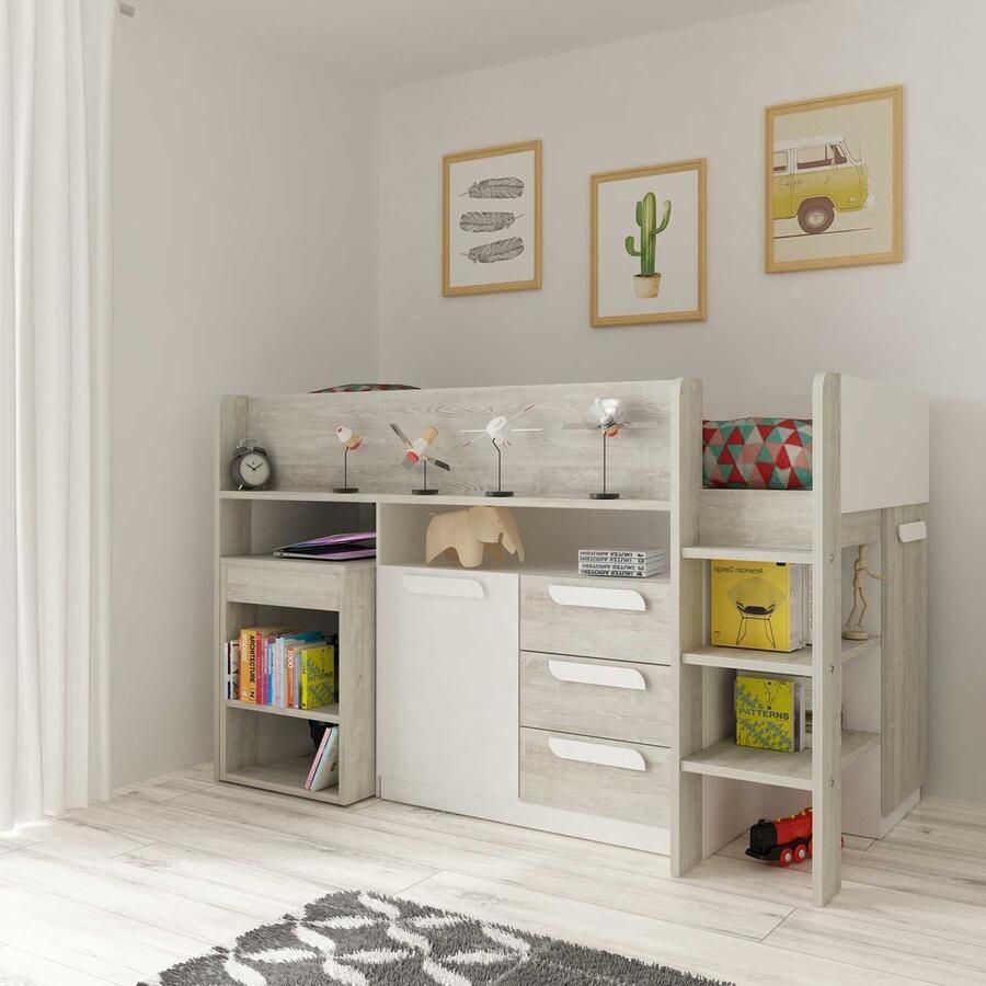 Trasman Vente-unique Combinatiebed 90 x 200 cm Met bureau en opbergruimte Wit en houtlook LOUKALA L 207 cm x H 131.5 cm x D 193.8 cm