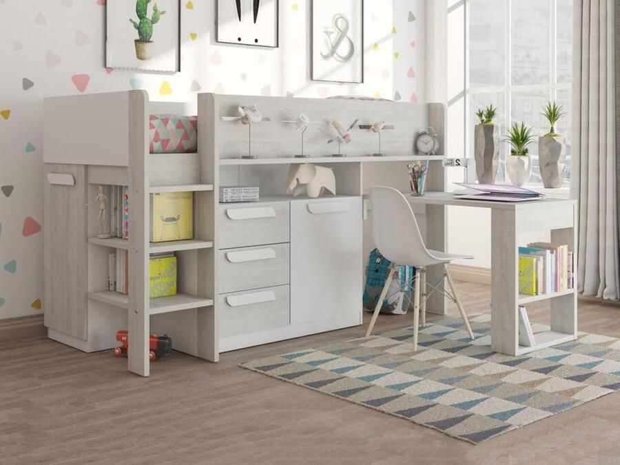 Vente-unique Hoogslaper 90 x 200 cm met bureau en opbergruimte Wit en naturel + matras LOUKALA L 207 cm x H 131.5 cm x D 193.8 cm - Foto 2
