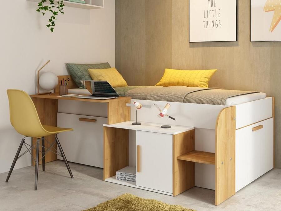 Vente-unique Combinatiebed 90 x 200 cm met bureau en opbergruimte Wit en natuurlijk + Bedbodem + Matras PEDRO L 206.4 cm x H 90 cm x D 134.6 cm - Foto 2