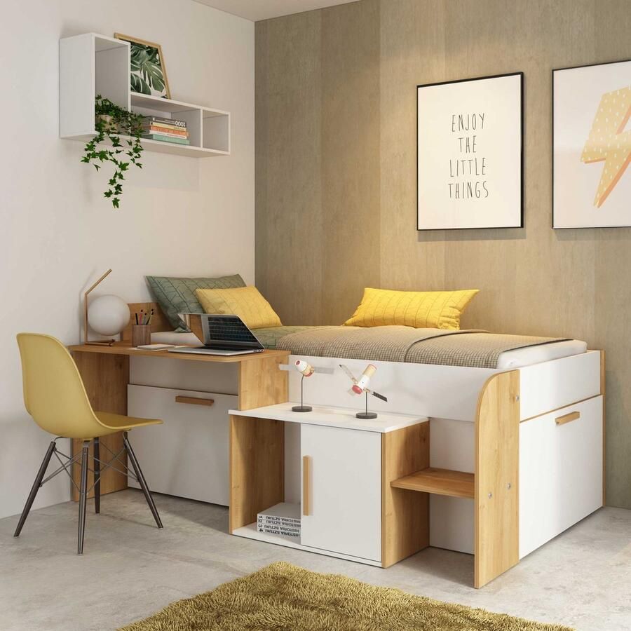 Vente-unique Combinatiebed 90 x 200 cm met bureau en opbergruimte Wit en naturel PEDRO L 206.4 cm x H 90 cm x D 134.6 cm