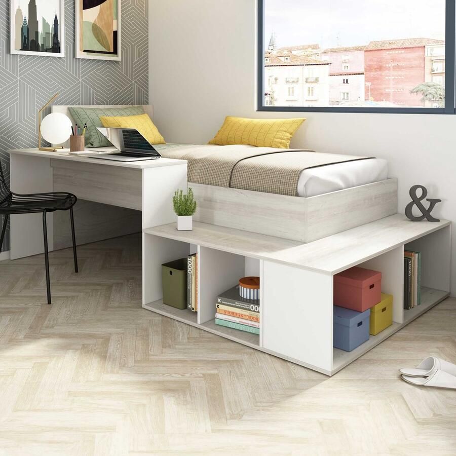 Trasman Vente-unique Combinatiebed 90 x 200 cm met opbergruimte en bureau grijzige houtlook en wit RIGALI L 233.2 cm x H 100.5 cm x D 128.8 cm - Foto 2
