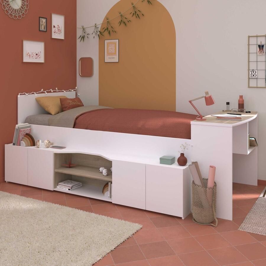 Vente-unique Combinatiebed 90 x 190 200 cm met bureau en opbergruimte Wit en houtlook JOCHIANE L 115.9 cm x H 90 cm x D 240.6 cm - Foto 2